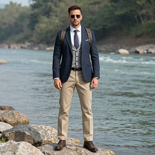 Photograph of a bearded man in a navy blazer, beige pants, white shirt, and tie, standing on rocky riverbank, wearing sunglasses