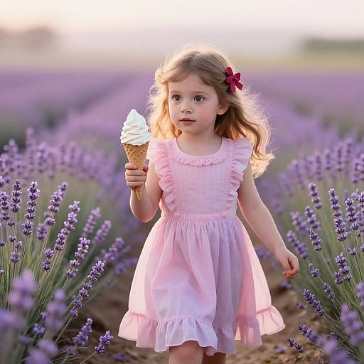 Photograph of a young girl with light brown hair, wearing a pink dress and red bow, holding an ice cream cone in a lavender field at sunset
