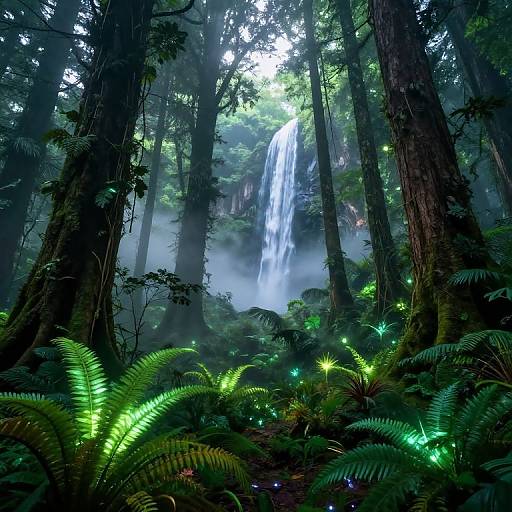 Photograph of a lush, misty forest with tall trees, glowing green ferns, and a cascading waterfall in the background.