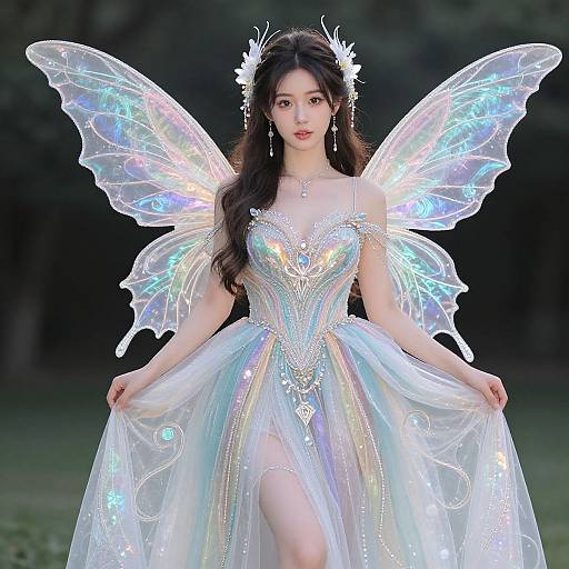 Photograph of an ethereal Asian woman with long black hair, wearing a shimmering, iridescent fairy dress and glowing wings, standing in a