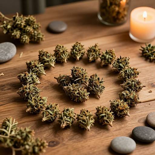 Photograph of dried, clustered cannabis buds arranged in a circular pattern on a wooden table, with smooth gray stones and a lit candle in the background.