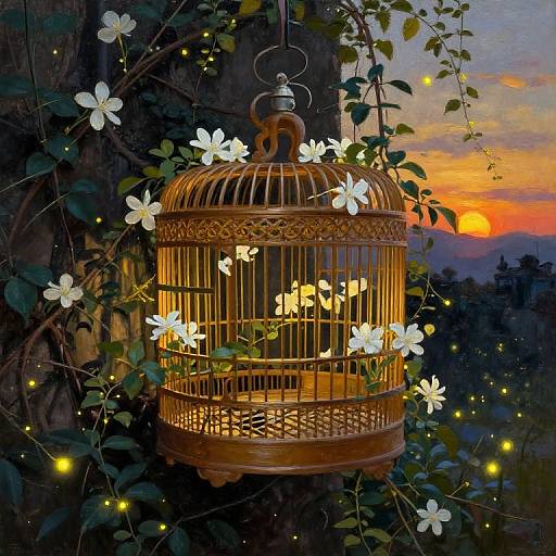 Photograph of a glowing birdcage with white flowers, illuminated by soft yellow lights, hanging in a dark, vine-covered area at sunset.