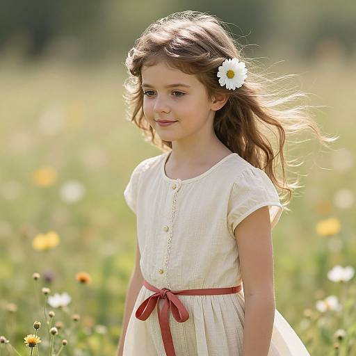 Photograph of a young girl with long brown hair, wearing a white dress with red ribbon, white daisy in hair, standing in a sunny,