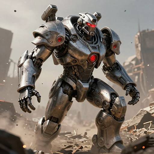 Photorealistic CGI of a sleek, silver, humanoid robot with glowing red eyes and lights, standing amidst a ruined, dust-filled cityscape.