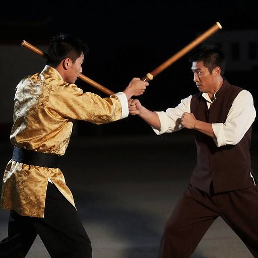 Intense Night Duel with Wooden Staffs