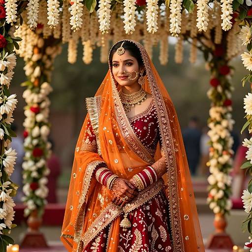 Photograph of a beautiful South Asian bride in an orange and gold traditional saree, adorned with intricate jewelry, standing under floral arches during a wedding