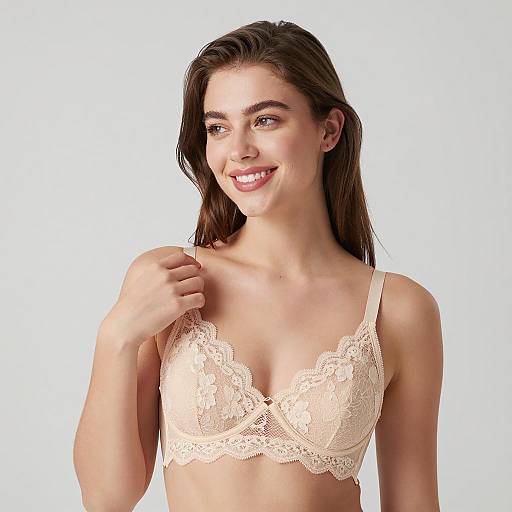 Smiling Woman Wearing Beige Lace Bra