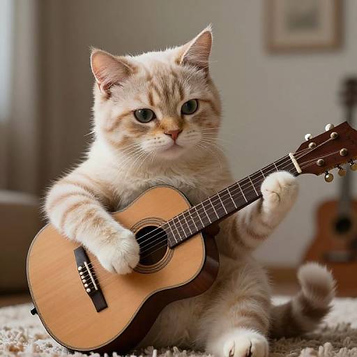 Adorable tabby kitten with green eyes playing a small wooden ukulele on a cozy, carpeted floor in a softly lit room.