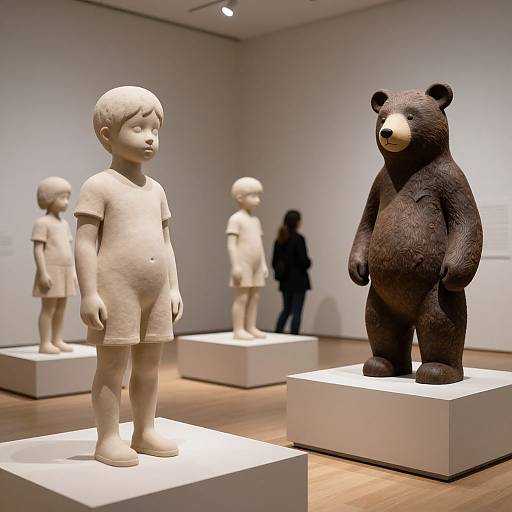 Photograph of a museum exhibit featuring a life-sized, textured, beige child statue standing beside a brown, plush bear statue on white platforms, with blurred