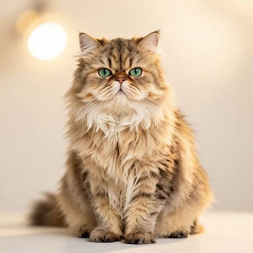 Photograph of a fluffy, long-haired, brown tabby cat with bright green eyes, sitting centered against a softly blurred, light background.