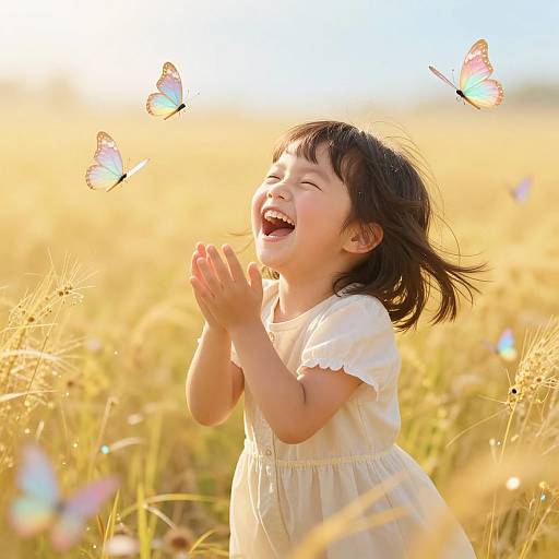 Photograph of a joyful Asian girl with black hair, laughing, wearing a white dress, surrounded by colorful butterflies in a golden field.