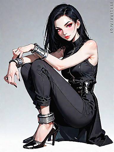 Chic Woman in Black Jumpsuit with Metallic Accessories