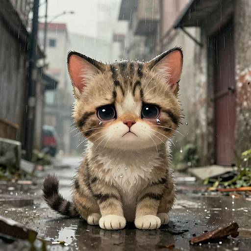 Sad Kitten in Rainy Urban Alley