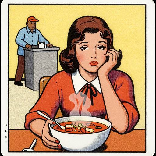 Vintage-style illustration of a woman with short brown hair, wearing an orange dress, eating steaming soup at a table, with a waiter in the background