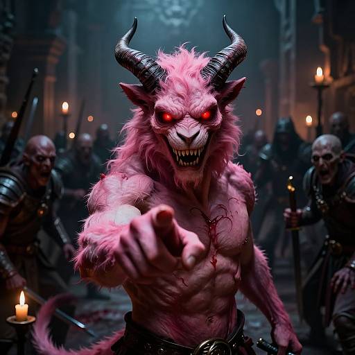 CGI fantasy artwork of a fierce, pink demon with glowing red eyes, sharp teeth, black horns, and outstretched clawed hand, surrounded