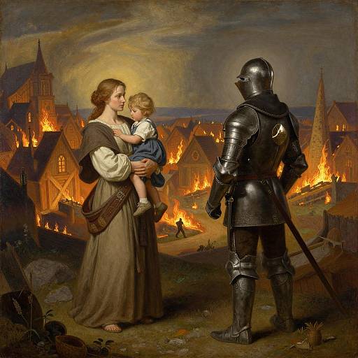Painting of medieval woman in brown dress holding child, facing armored knight, with burning village and dark, stormy sky in background.
