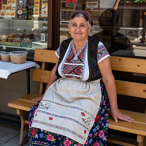 Photograph of an elderly woman in traditional Eastern European dress, seated on a wooden bench outside a bakery, with colorful floral patterns and white apron.
