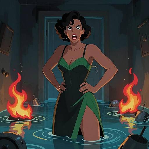 Dramatic Flooded Room with Fiery Contrast