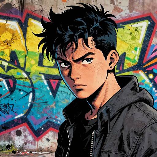Digital anime-style portrait of a serious, dark-haired young man with freckles, wearing a black hoodie, against colorful graffiti wall.