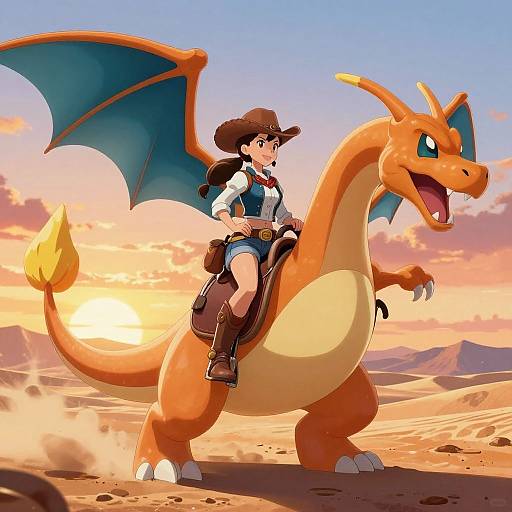 Cowgirl Riding Charizard at Sunset