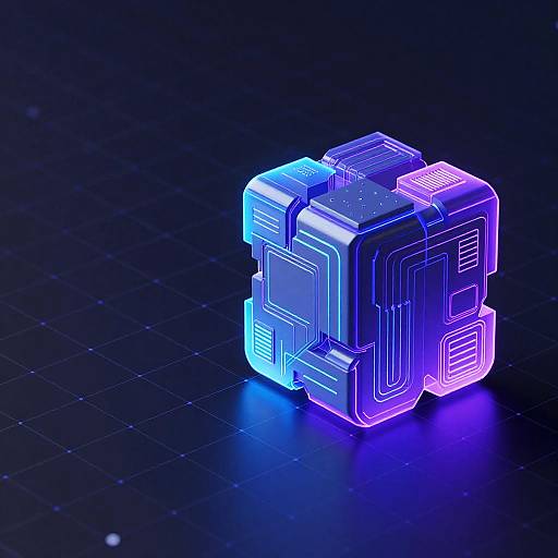 Neon-lit, futuristic, blue and purple geometric block floating on a dark, grid-patterned digital background, glowing with vibrant light. CGI artwork