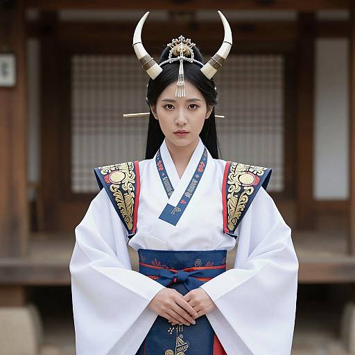 Photograph of a Korean woman in traditional white hanbok with blue and red sash, black hair, ornate horned headpiece, and