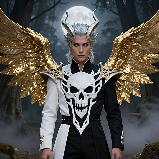 Digital art of a white-haired, blue-eyed demon with gold wings, black and white armor featuring a skull emblem, standing in a misty forest under
