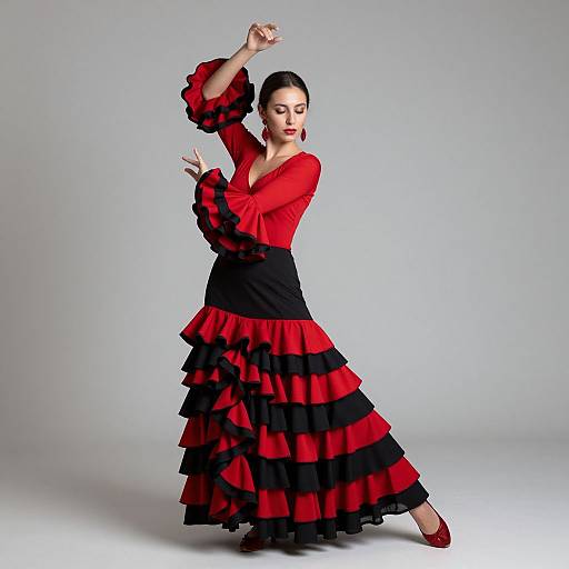 Photograph of a woman in a red and black ruffled dress, dancing gracefully with one arm raised, against a plain grey background. She has dark