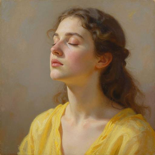 Digital painting of a serene young woman with closed eyes, fair skin, and wavy brown hair, wearing a yellow, translucent blouse. Soft, warm
