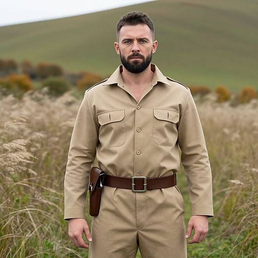 Photograph of a bearded, muscular man with short dark hair, wearing a tan military-style uniform with brown belt and holster, standing in a grass