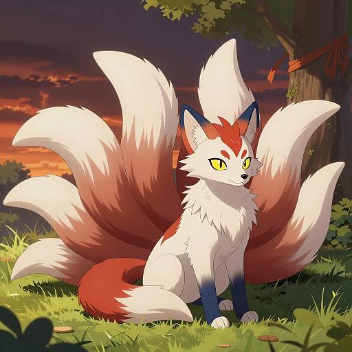 Mystical Fox Creature in Fiery Landscape