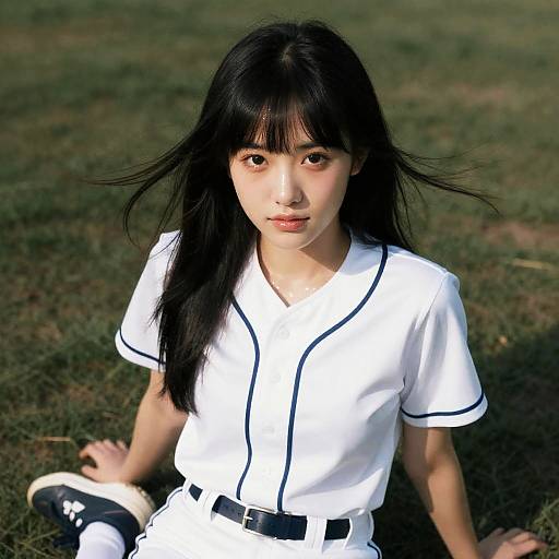Young Woman in White Baseball Uniform Outdoors