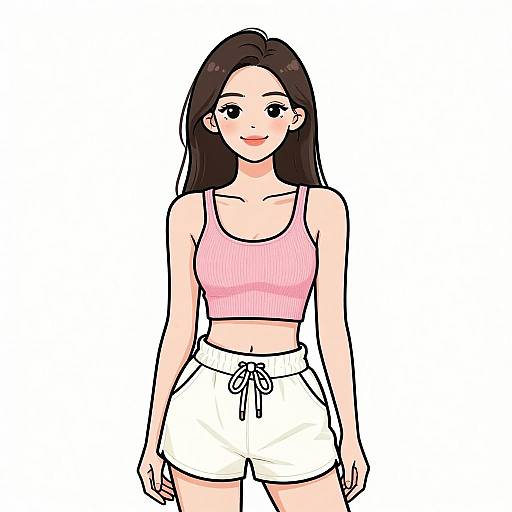 Digital anime-style drawing of a smiling young woman with long black hair, wearing a pink crop top and white shorts, against a white background.