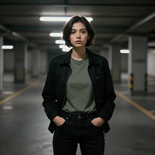Serious Woman in Dim Parking Garage