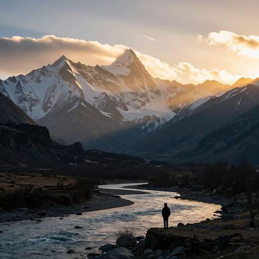 Photograph of a solitary figure standing by a river, silhouetted against a stunning sunrise over snow-capped mountains with dramatic clouds.
