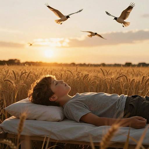 Young Boy Meditating in Dreamy Wheat Field