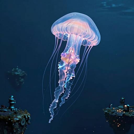 Photograph of a glowing, translucent jellyfish with pink and blue accents, floating above dark blue ocean water, with blurred underwater structures in the background.