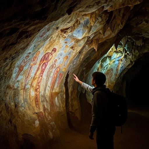 Photograph of a person in a dark cave, pointing at colorful, illuminated prehistoric rock paintings on the cave wall.