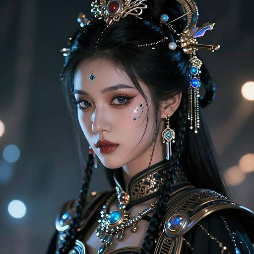 Digital fantasy portrait of an Asian woman with pale skin, black hair, intricate headpiece, and elaborate jewelry, set against a bokeh-lit background
