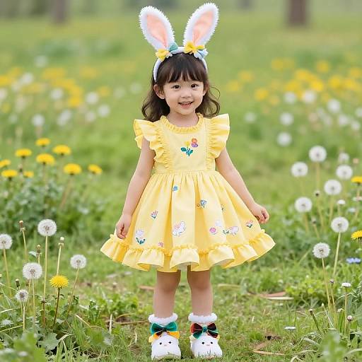 Cheerful Girl in Bunny-Themed Dress