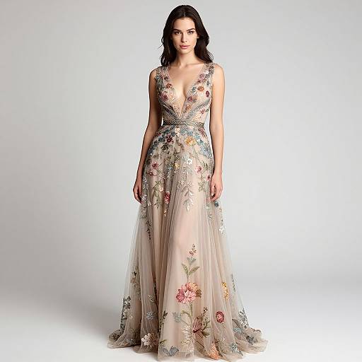 Photograph of a brunette woman in a sheer, floor-length gown with a deep V-neck, floral embroidery, and a flowing skirt.