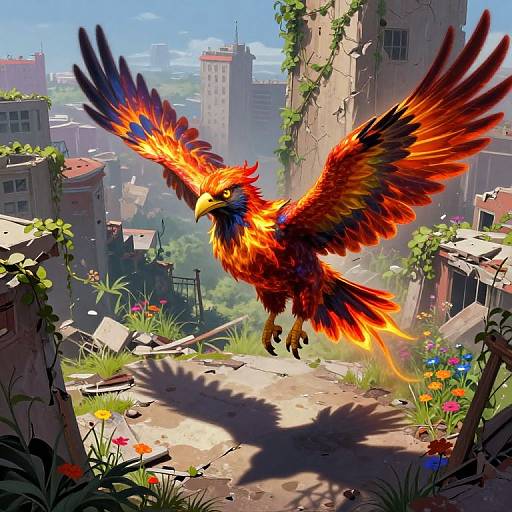 Digital artwork: Vibrant, fiery-red and yellow eagle with outstretched wings soars above a sunlit, ruined, urban landscape with greenery