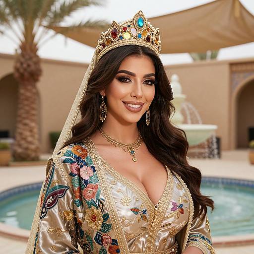 Photograph of a dark-haired woman with long wavy hair, large breasts, wearing an ornate gold and floral embroidered dress, gold crown, and