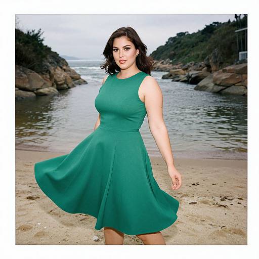 Photograph of a curvy woman with fair skin and dark wavy hair, wearing a green, sleeveless, A-line dress, standing on a