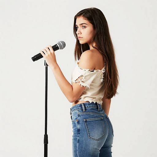 Young Woman with Microphone Stand