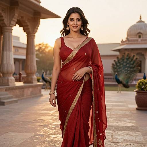 Photograph of a beautiful Indian woman in a red saree with gold trim, standing in a sunlit courtyard, with a peacock and historic architecture