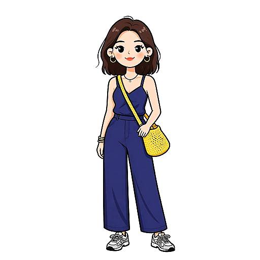 Digital drawing of a cute, young Asian woman with shoulder-length brown hair, wearing a navy romper, yellow crossbody bag, and white sneakers.