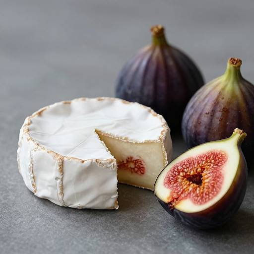 Photograph of a white cheese wheel with a slice removed, next to two whole figs and a halved fig with red seeds, on a gray