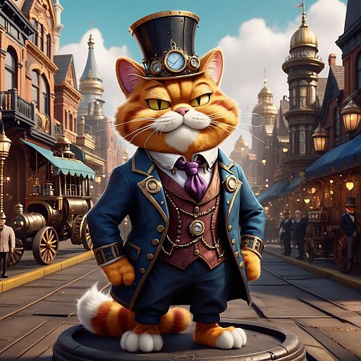 Digital illustration of an orange tabby cat in Victorian attire, including top hat and purple tie, standing on a steampunk street with vintage cars and