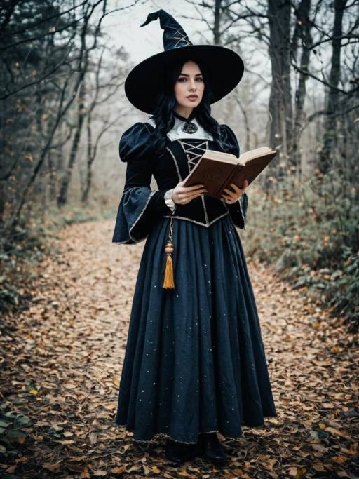 Woman in Elizabethan Witch Costume Holding Spell Book